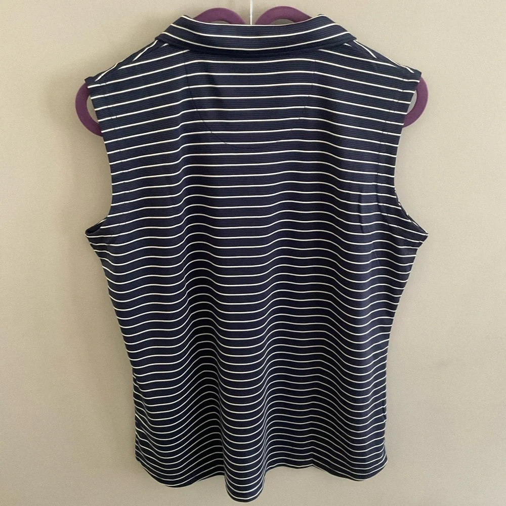 Pebble Beach Women's Navy and White Striped sleeveless polo.